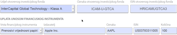 kako prodati dionice - primjer dijela zahtjeva za kupnju udjela unosom financijskog instrumenta za Apple